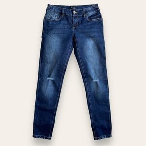 Suko Mid Rise Skinny Jeans Medium Wash Slightly Faded and Distressed